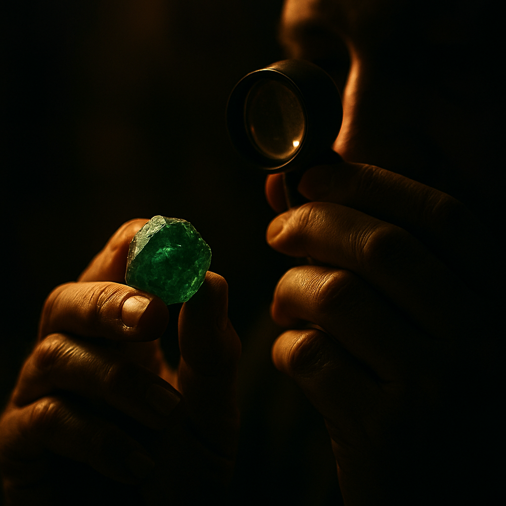 A gemologist examining a rare raw gemstone with a loupe